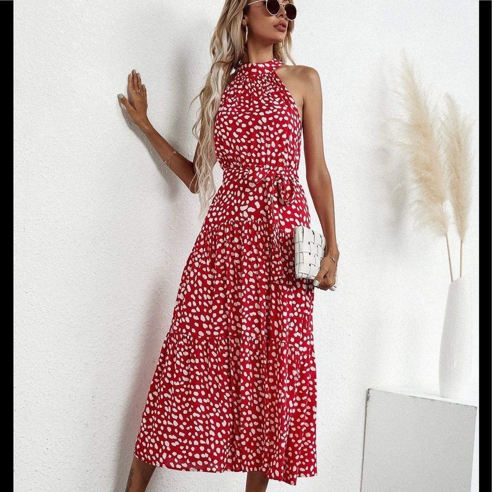 Boho Red Polka Dot High Halter Neck Sleeveless Maxi Dress With Ribbon Belt